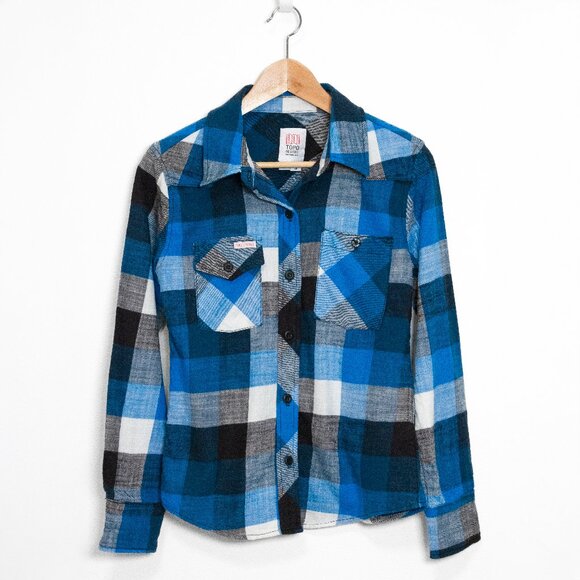 Topo Designs Womens Plaid Flannel Work Shirt Blue & White Size Small - Picture 1 of 12